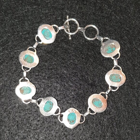 Vintage 925 Sterling Silver Genuine Black Vein Turquoise Cabochon Link Bracelet - Picture 10 of 13